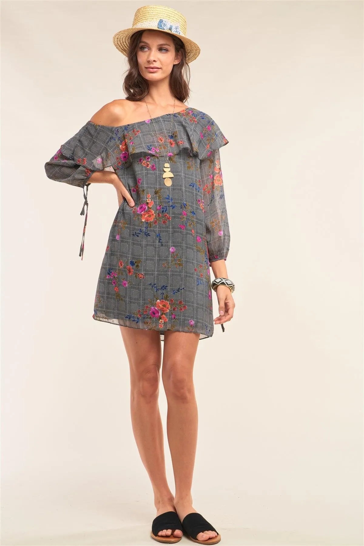 Multi Color Checkered Floral Print Loose Fit Off-The-Shoulder 3/4 Balloon Sleeve Ruffle Hem Mini Dress/1-2-2-1 - Tasha Apparel Wholesale