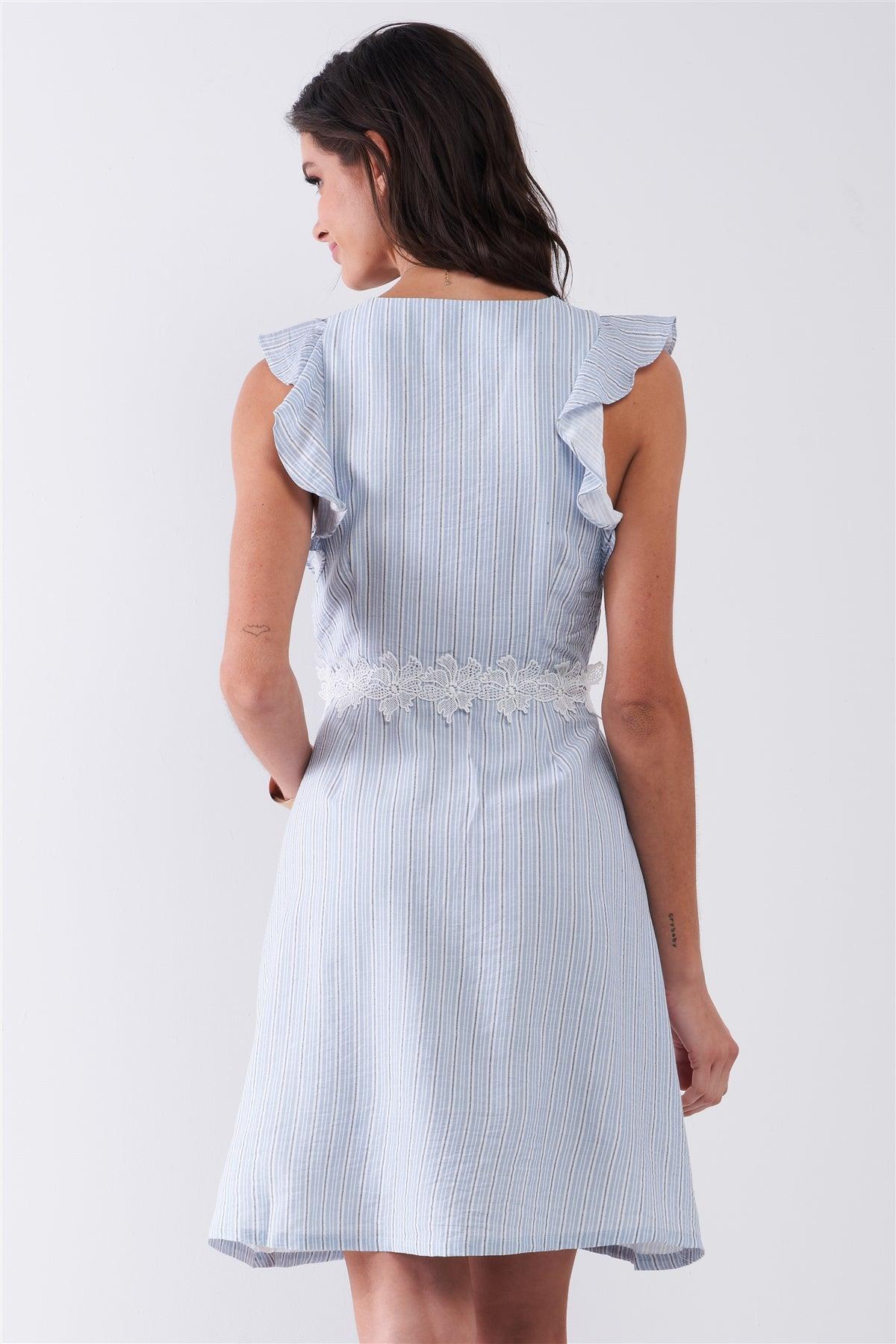 French Riviera Light Blue Striped Sleeveless Ruffle Floral Lace Trim Detail Self-Tie Waist Mini Dress