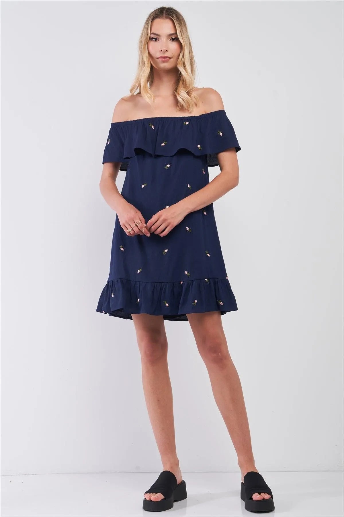 Deep Navy Floral Embroidery Sleeveless Off-The-Shoulder Flounce Relaxed Mini Dress /1-2-2 - Tasha Apparel Wholesale