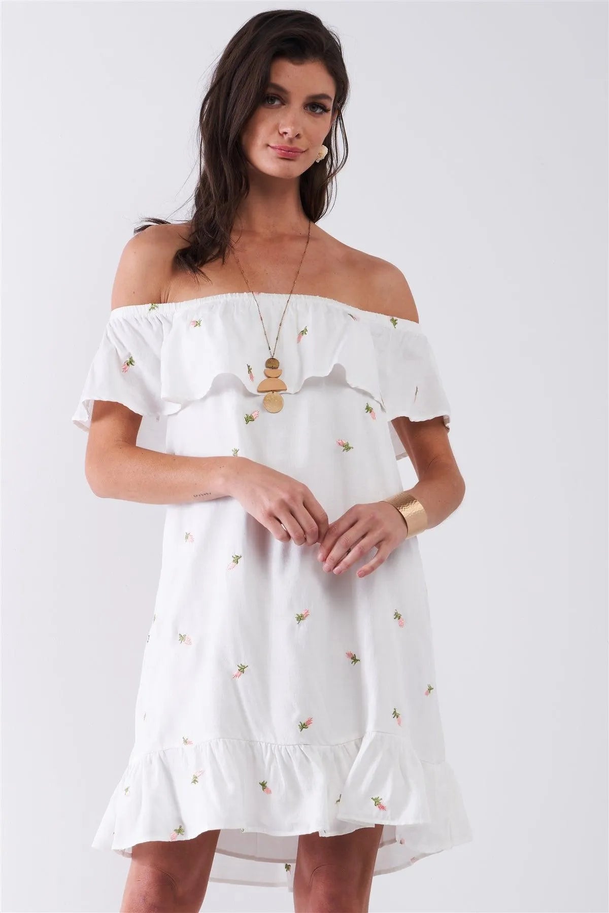 White Floral Embroidery Off-The-Shoulder Flare Hem Relaxed Fit Mini Dress /3-2 - Tasha Apparel Wholesale