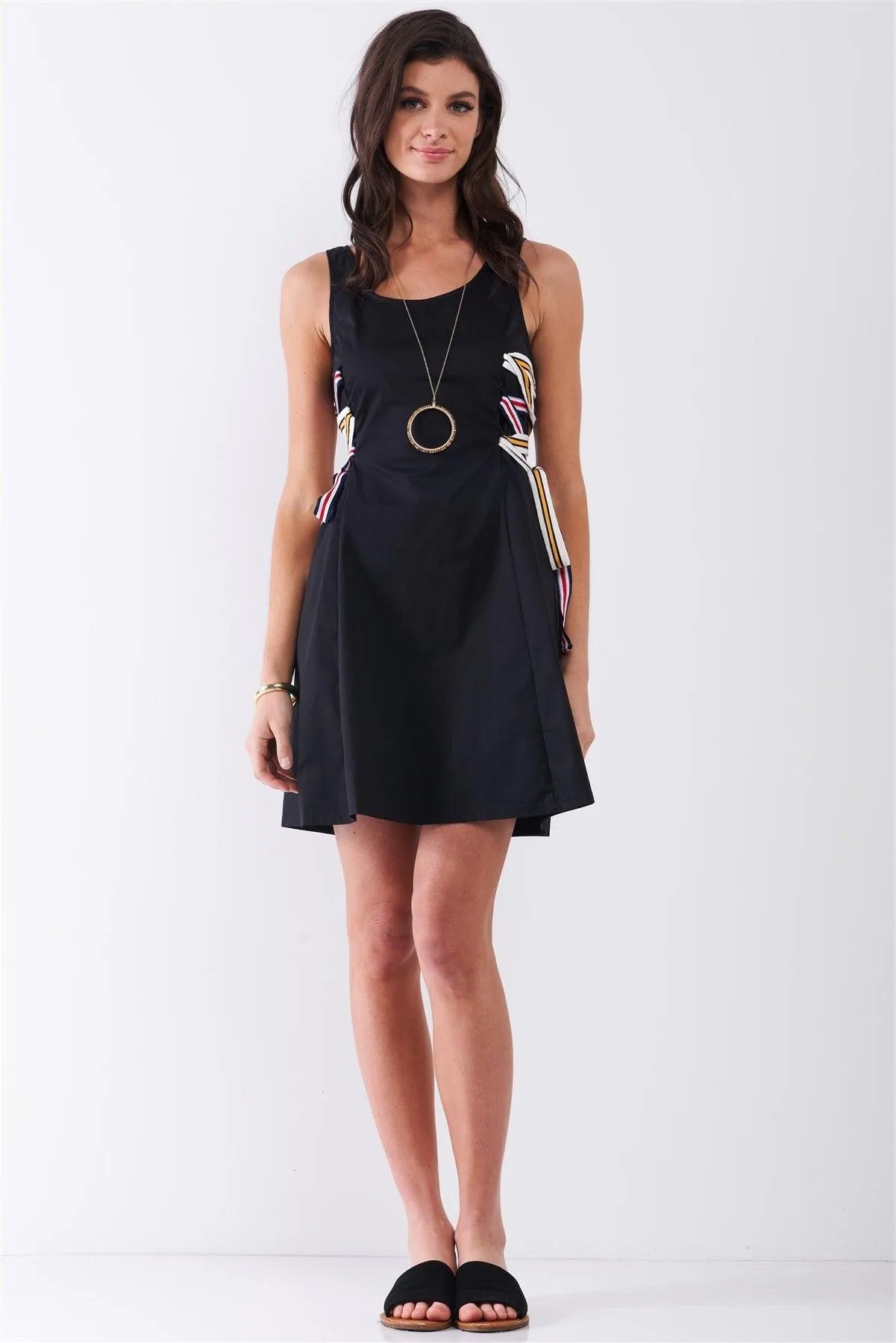 Black Multicolor Strap Lace-Up Side Detail Sleeveless Round Neck Mini Dress /1-2-2-1 - Tasha Apparel Wholesale