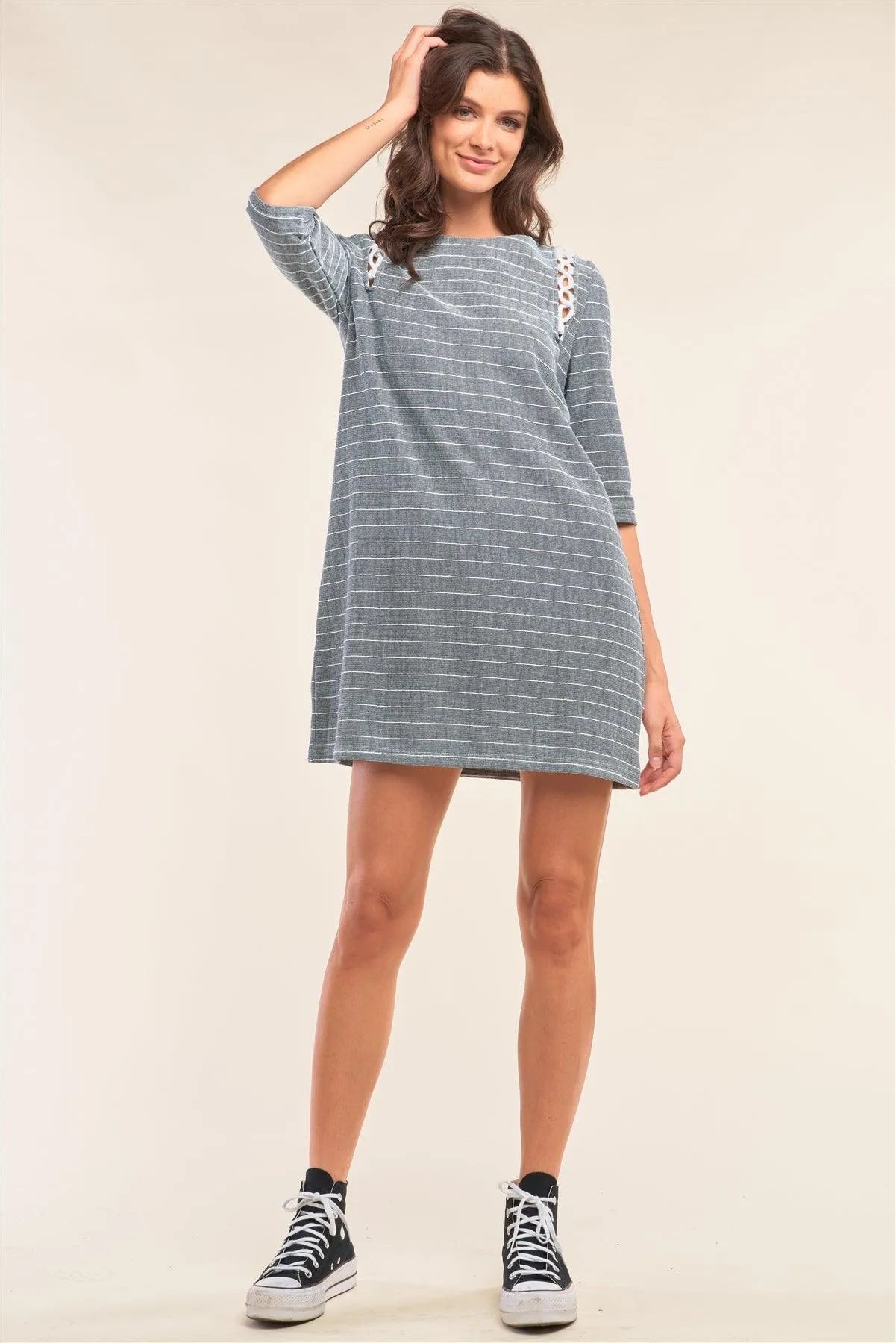 Striped Print Rope Loop Trim Detail Crew Neck Loose Fit Mini Dress /1-3-1 - Tasha Apparel Wholesale