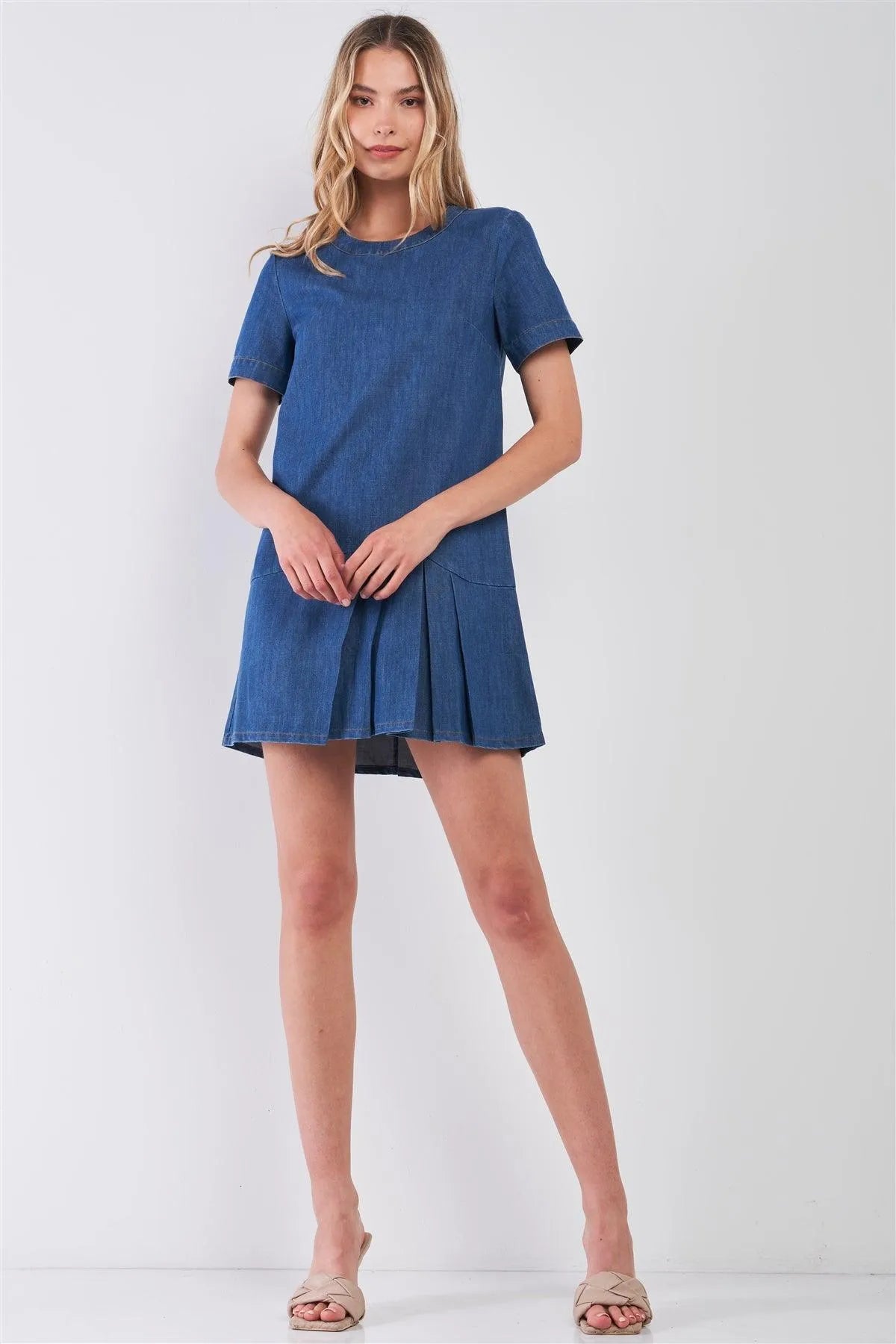 Blue Denim Round Neck Short Sleeve Dropped Waist Pleated Bottom Mini Dress /2-1-2 - Tasha Apparel Wholesale