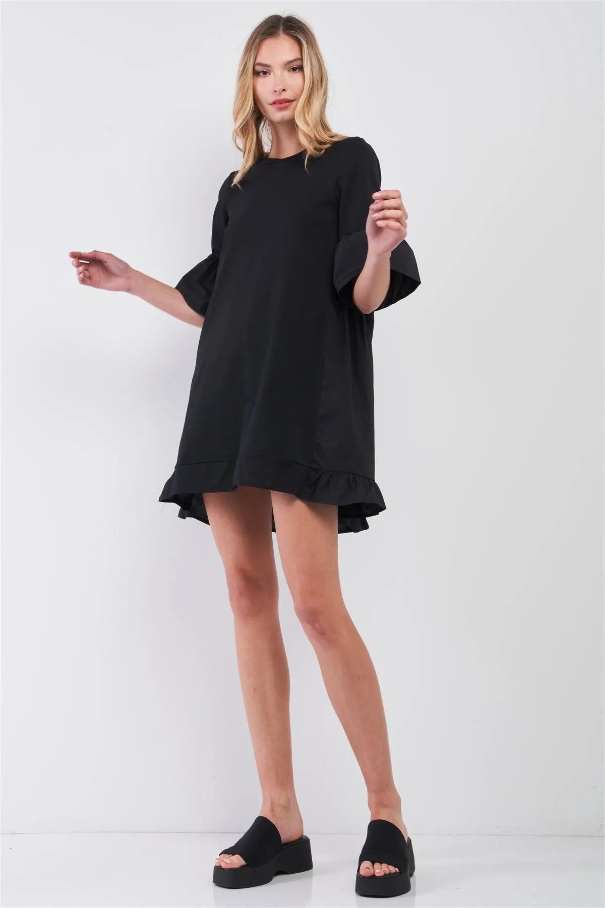 Black Combined Bell Midi Sleeve Tiered Frill Hem Detail Loose Mini Dress /2-2 - Tasha Apparel Wholesale