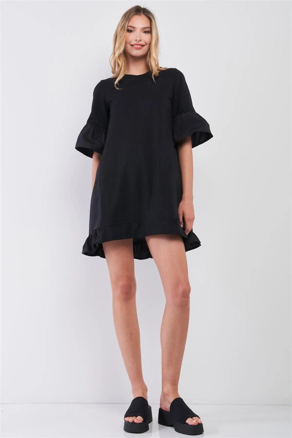 Black Combined Bell Midi Sleeve Tiered Frill Hem Detail Loose Mini Dress /1-2-2-1 - Tasha Apparel Wholesale