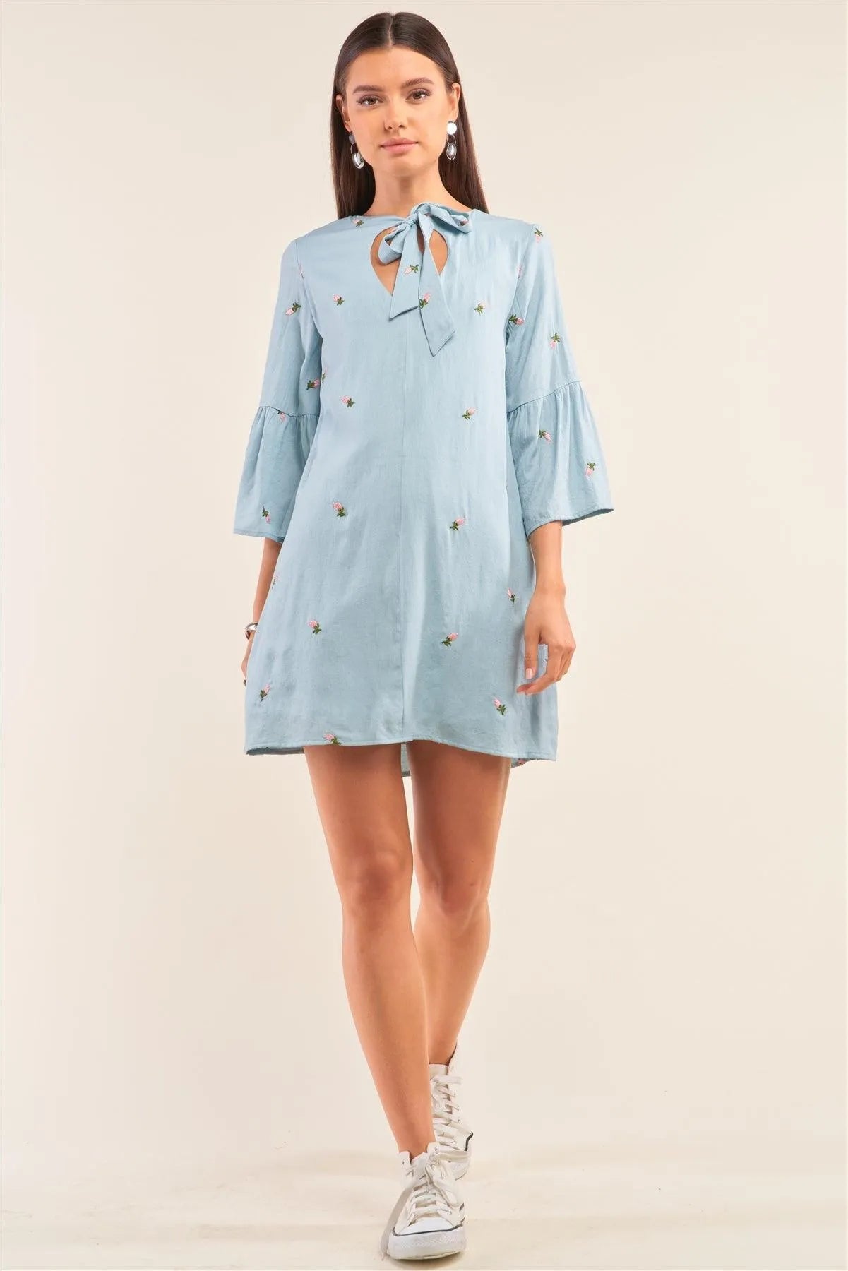 Baby Blue Floral Embroidery V-Neck Mini Dress - Tasha Apparel Wholesale