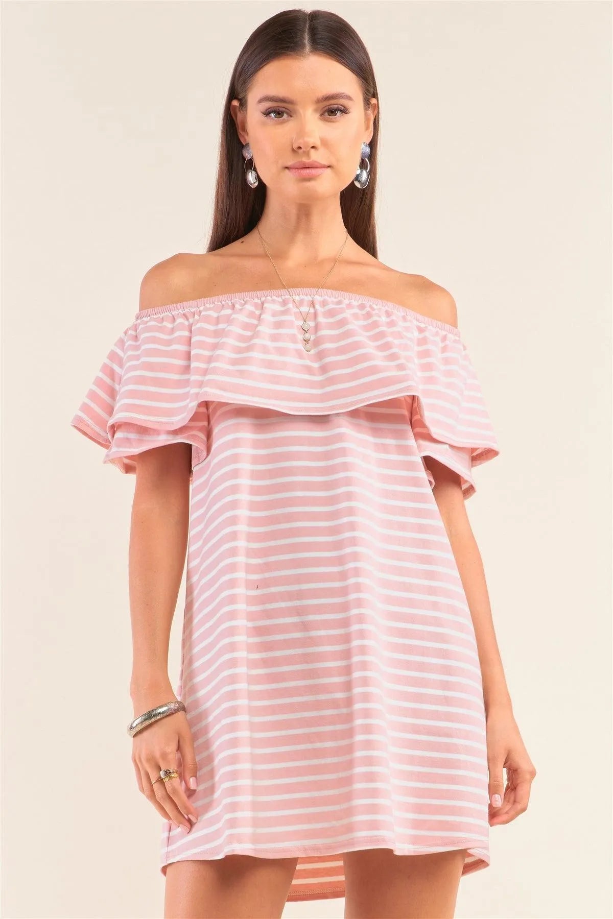 Pink&Ivory Striped Relaxed Fit Off-The-Shoulder Flare Hem Mini Dress /1-2-2 - Tasha Apparel Wholesale