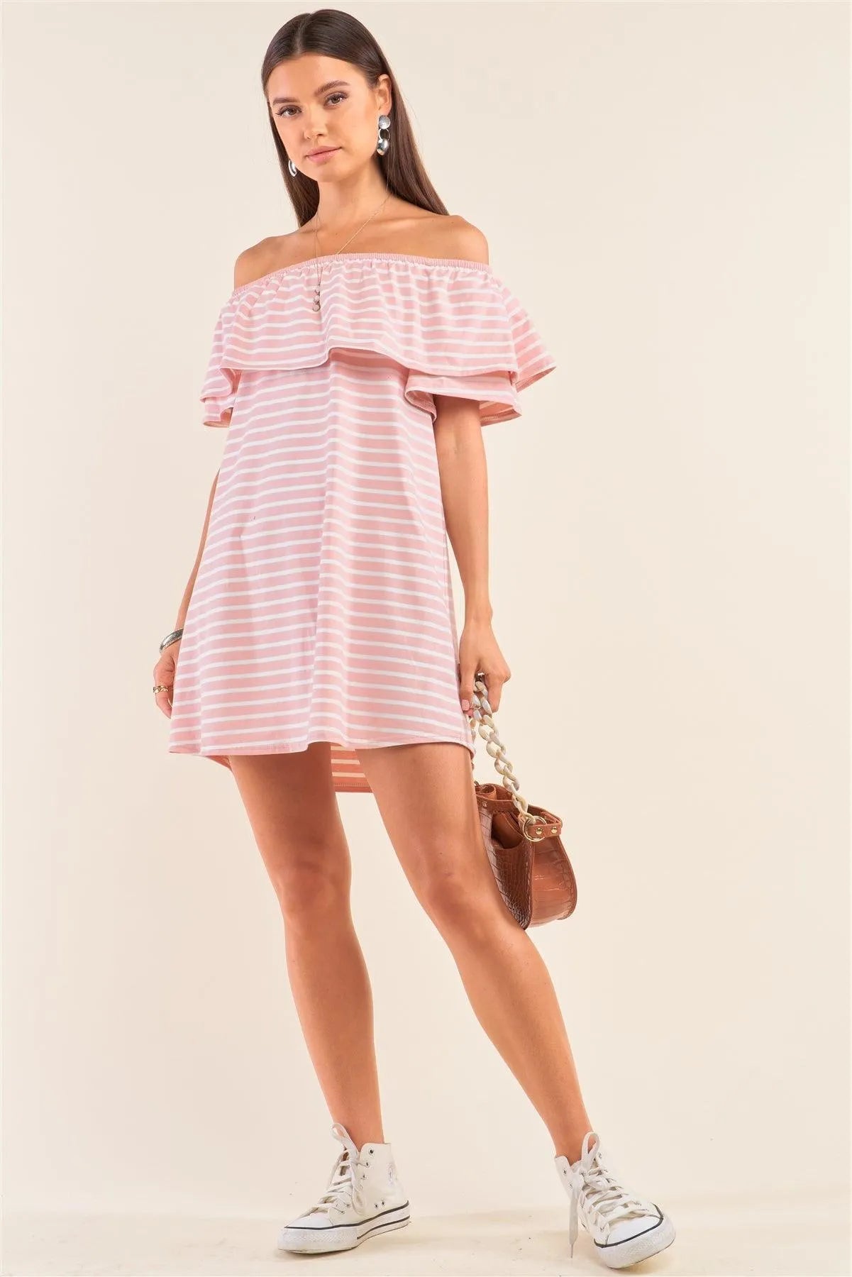 Pink&Ivory Striped Relaxed Fit Off-The-Shoulder Flare Hem Mini Dress /1-2-2-1 - Tasha Apparel Wholesale