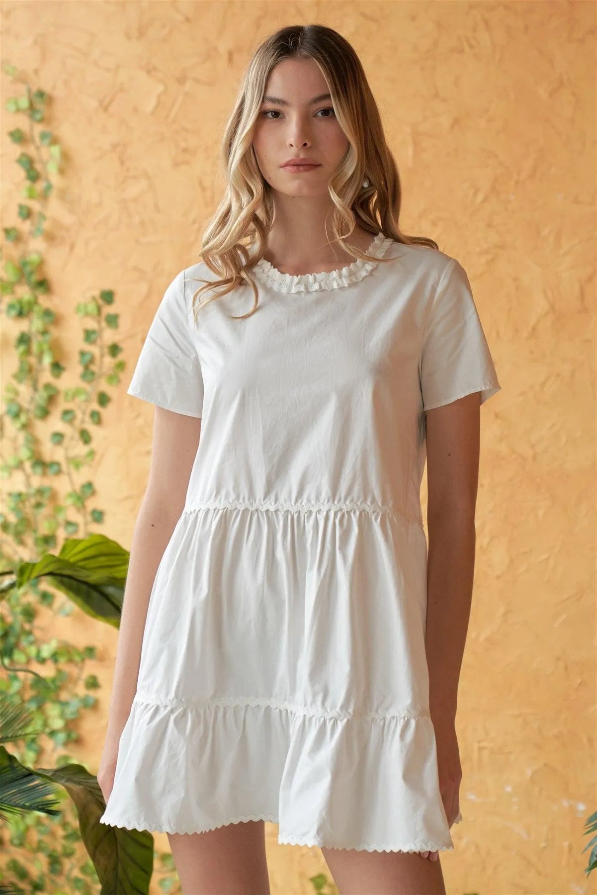 Pure Innocence White Short Sleeve Frill Hem Round Neck Loose Fit Tiered Babydoll Mini Dress /1-2-1 - Tasha Apparel Wholesale