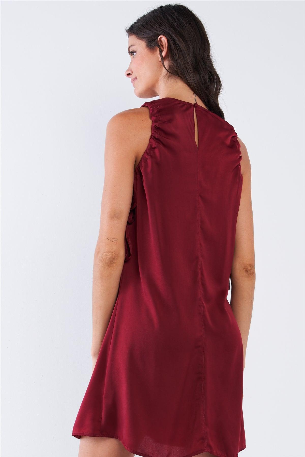 Wine Red Satin Loose Fit Sleeveless Round Neck Mini Dress With Side Ribbon Draw String Ties Dress