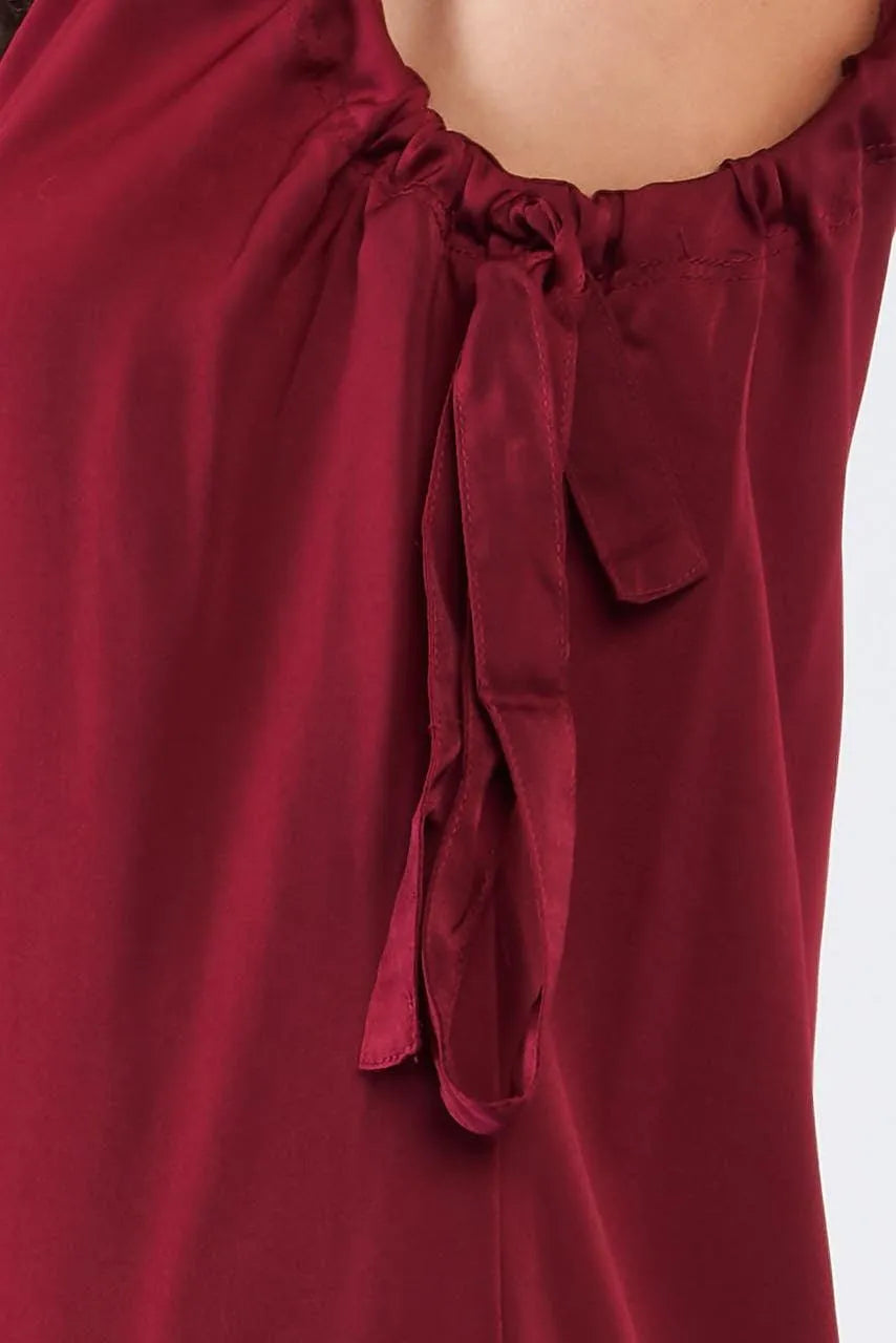 Red Satin Loose Fit Round Neck Side Ribbon Draw String Ties Mini Dress - Tasha Apparel Wholesale