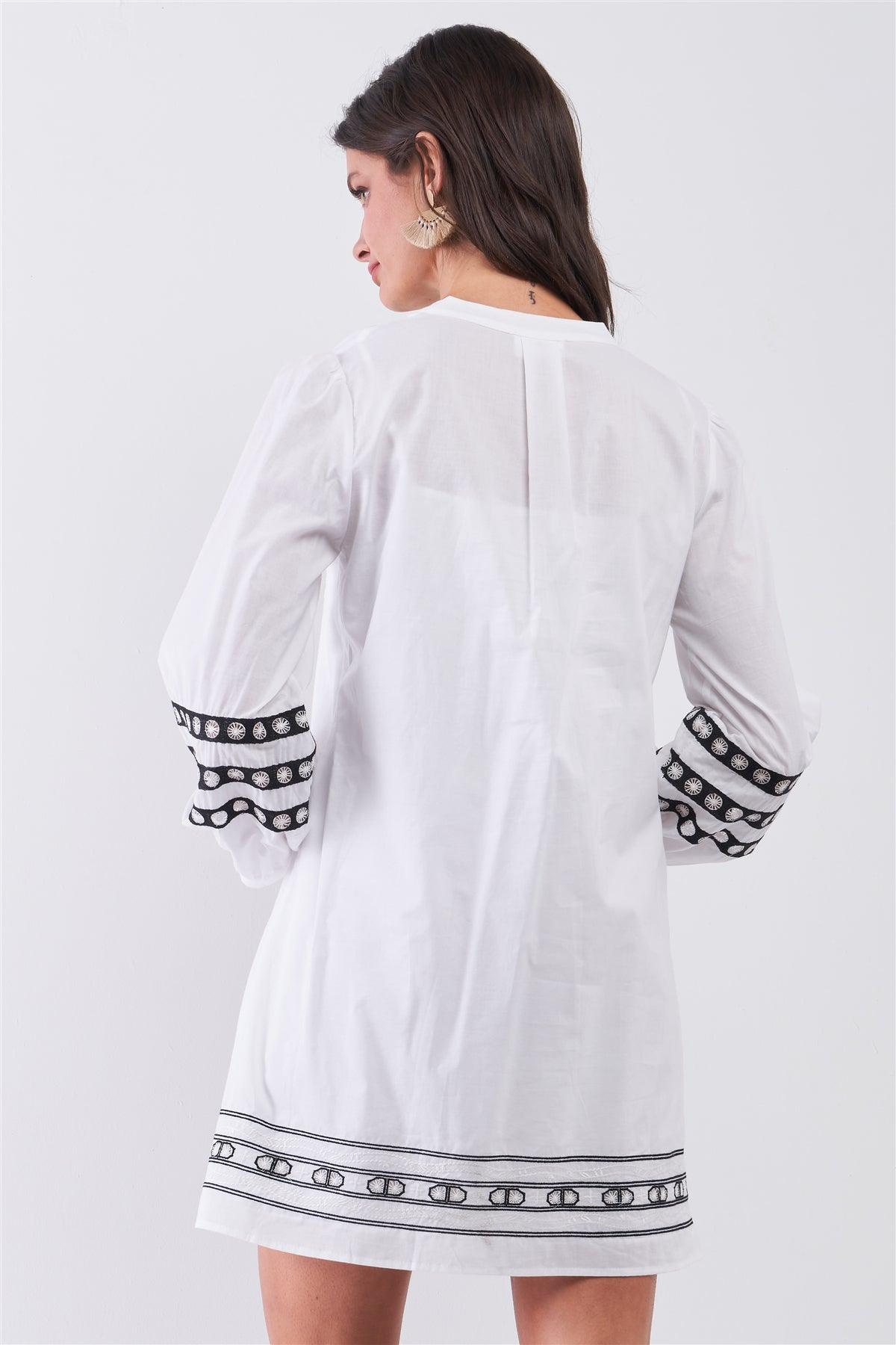White & Black Embroidered Balloon Sleeve Shift Mini Dress With Slip