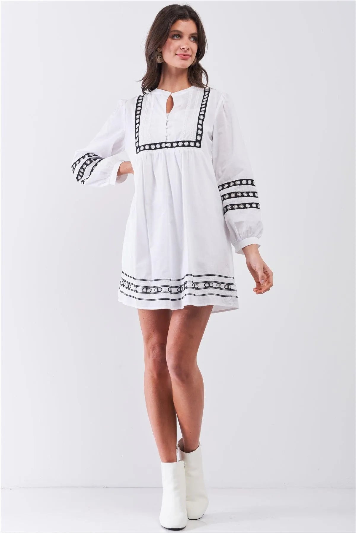 White & Black Embroidered Balloon Sleeve Shift Mini Dress With Slip - Tasha Apparel Wholesale
