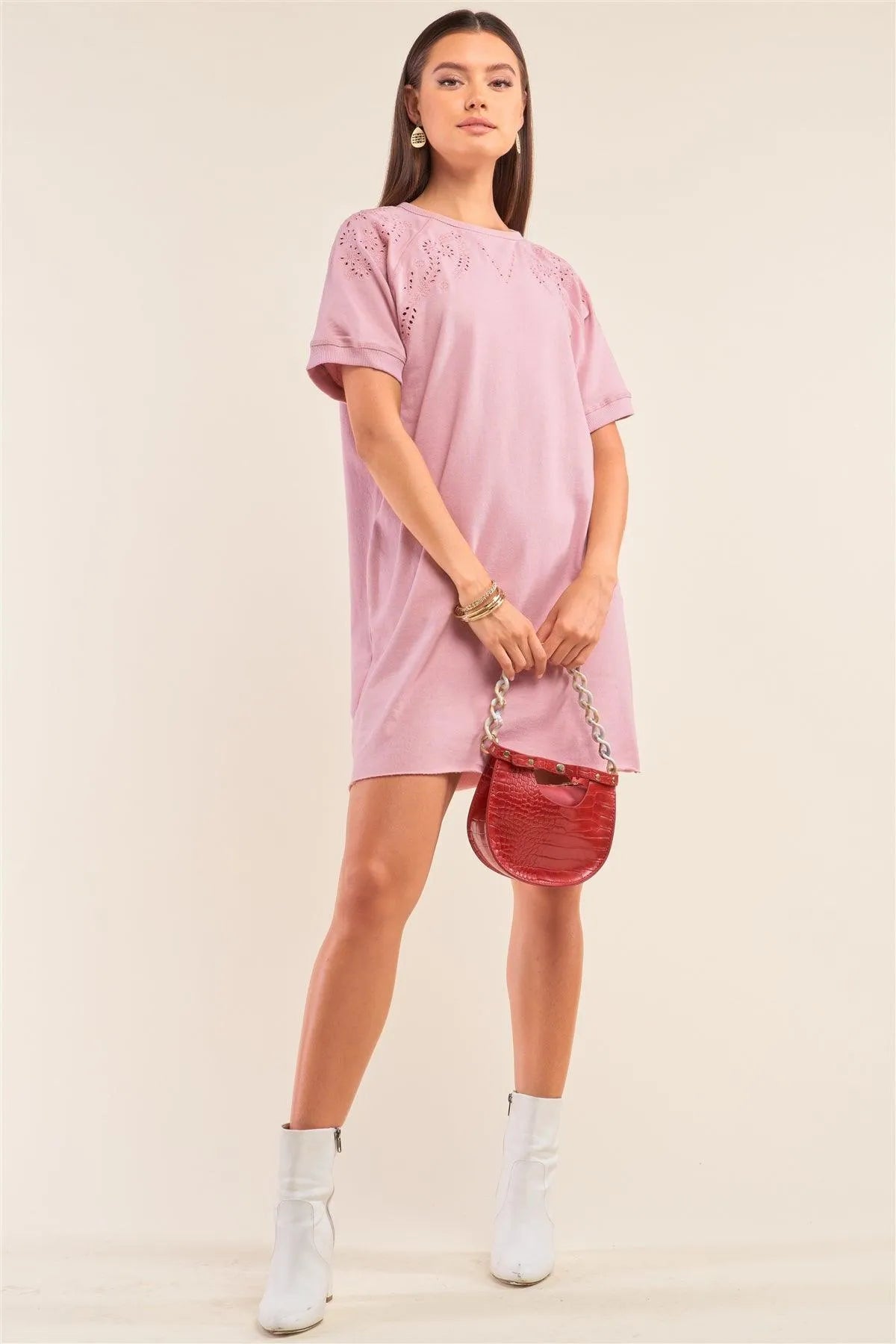 Lemonade Pink Loose Fit Ribbed Crew Neck Eyelet Embroidery Detail Raw Hem T-Shirt Mini Dress /1-2-2-1 - Tasha Apparel Wholesale