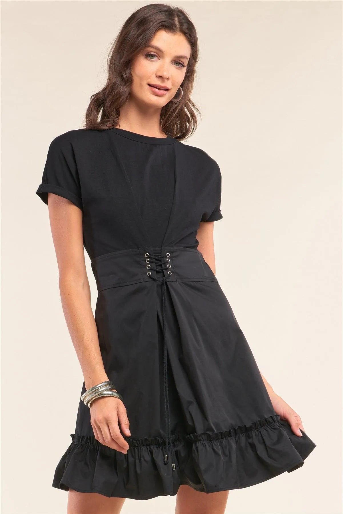 Black Crew Neck Corset Lace-Up Waist Detail Frill Hem Mini Dress /1-2-1-1 - Tasha Apparel Wholesale