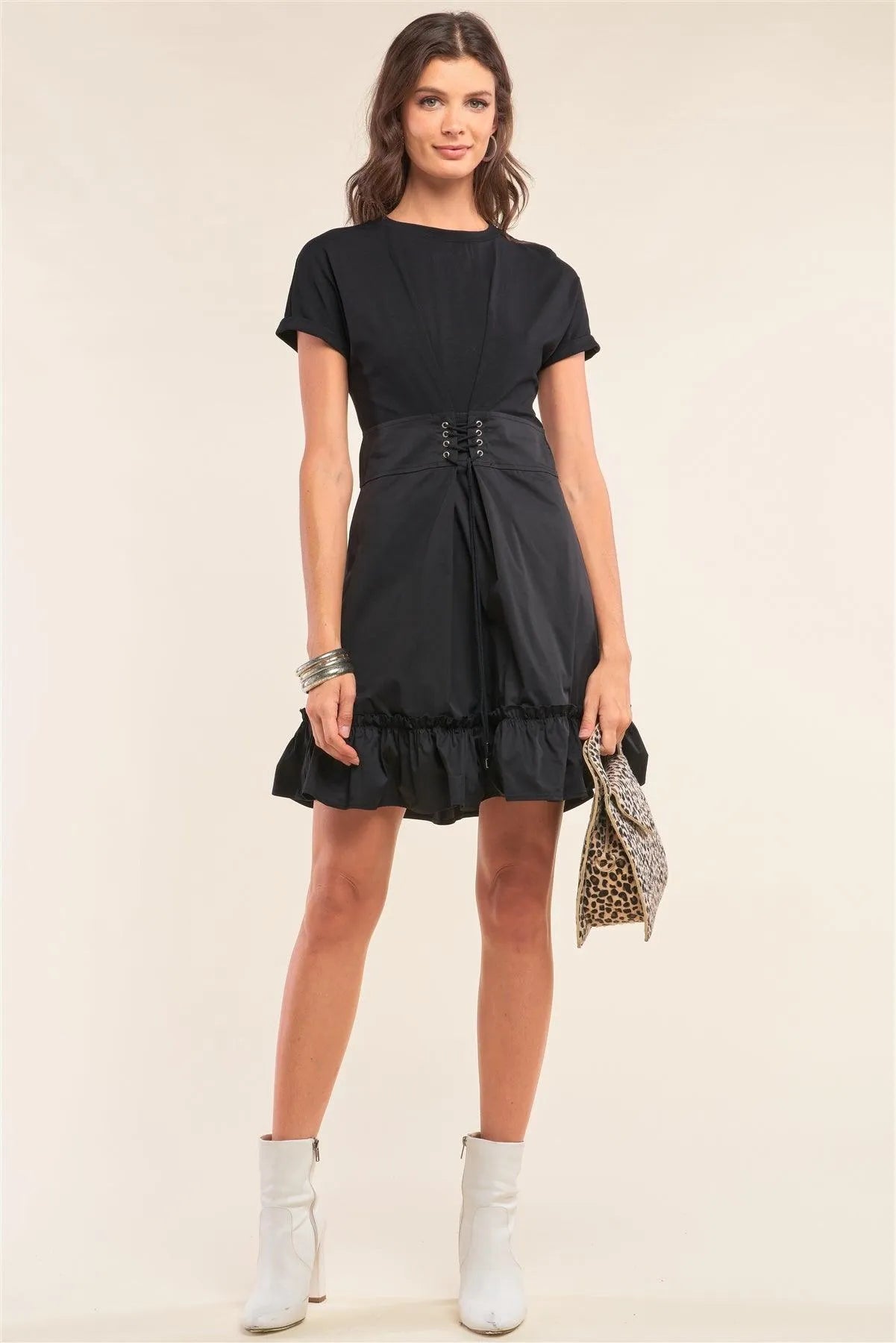 Black Crew Neck Corset Lace-Up Waist Detail Frill Hem Mini Dress /1-2-2-1 - Tasha Apparel Wholesale