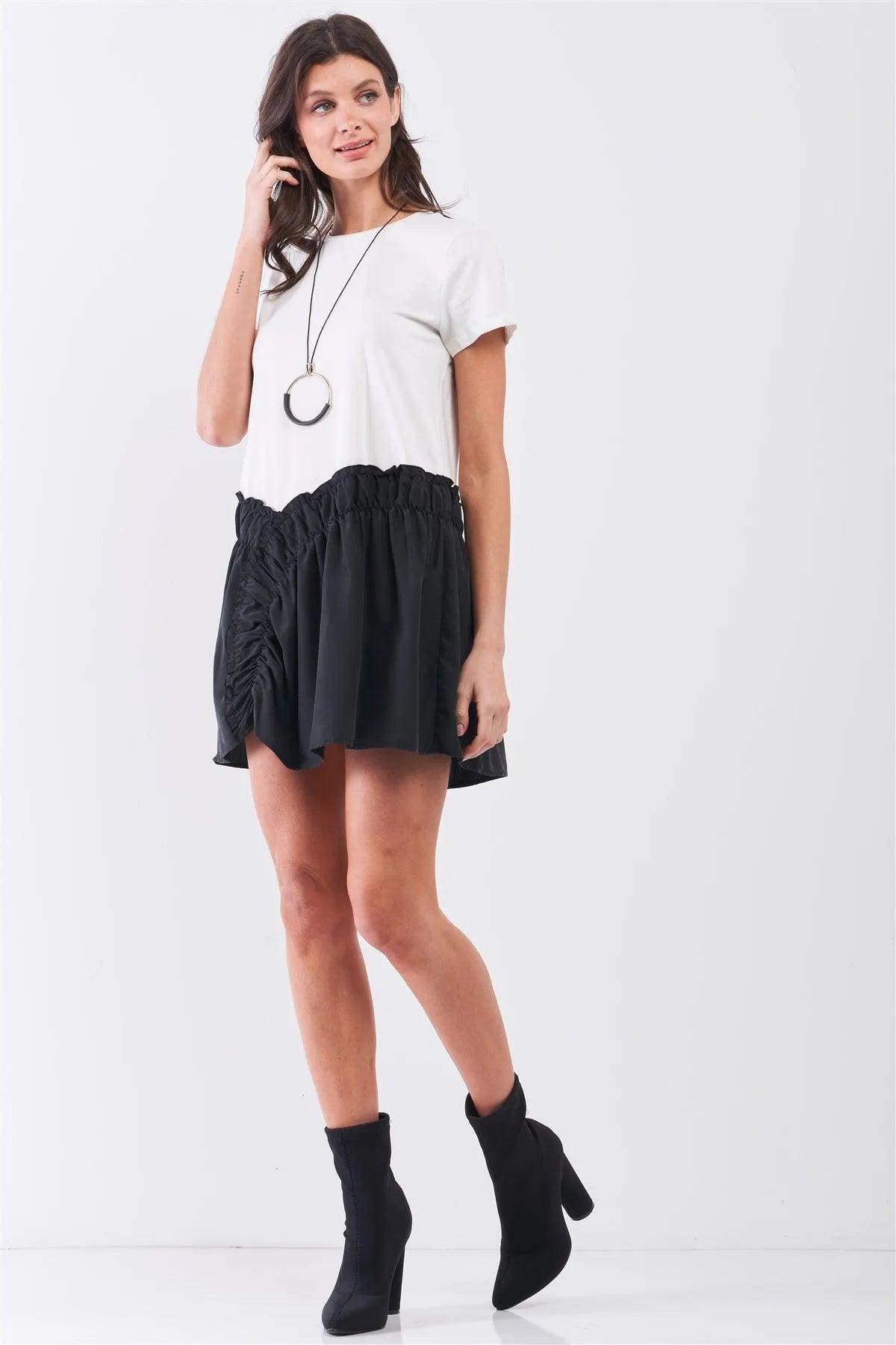 White & Black Short Sleeve Round Neck Dropped Waist Elastic Shirred Detail T-Shirt Mini Dress /1-2-2 - Tasha Apparel Wholesale