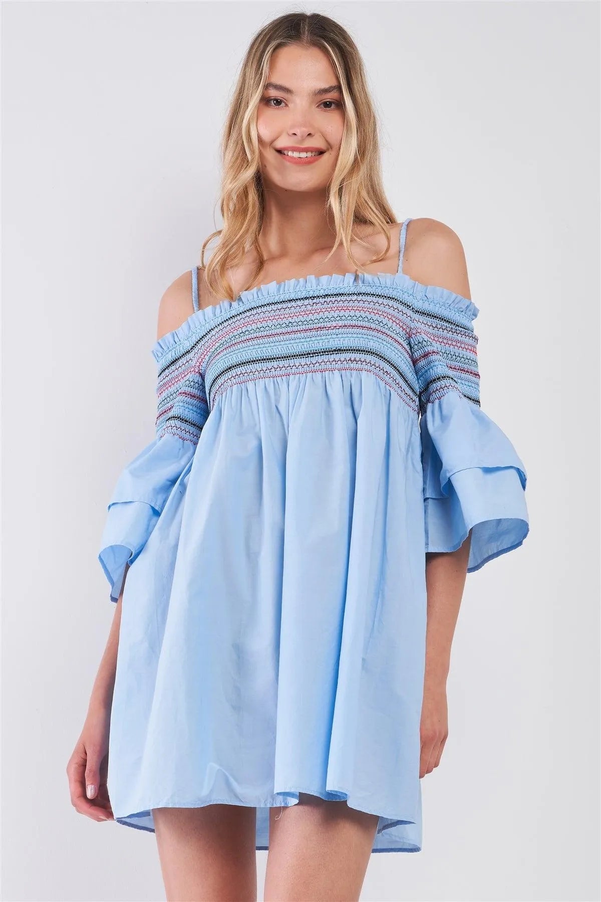 Sky Blue Cold Shoulder Colorful Stitching Smock Trim Layered Bell Sleeve Babydoll Mini Dress /3-3 - Tasha Apparel Wholesale