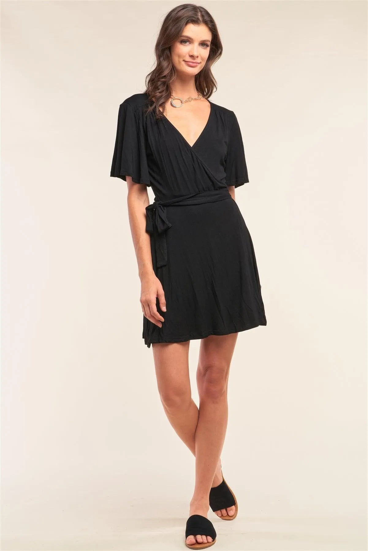 Black Deep Plunge V-Neck Self-Tie Wrap Flare Sleeve Mini Dress /1-2-2-1 - Tasha Apparel Wholesale