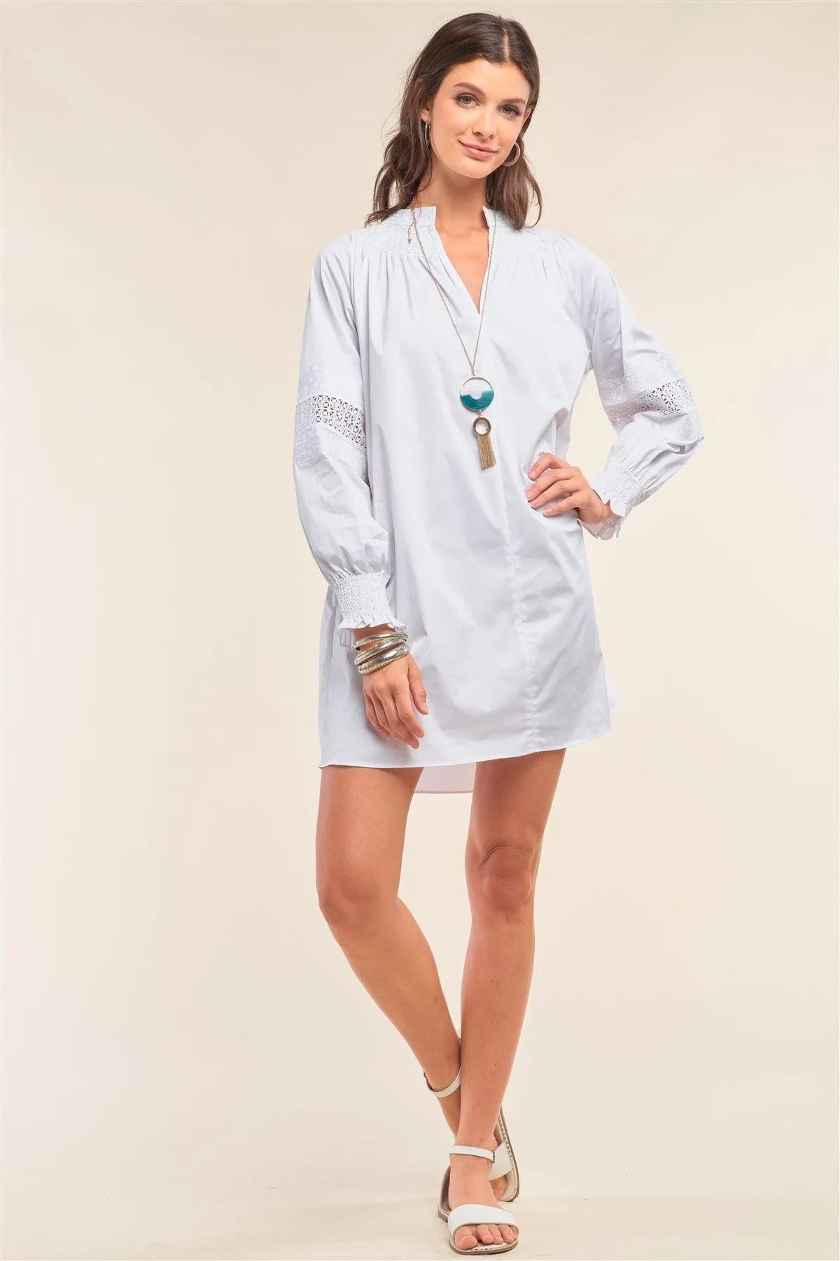 White Long Sleeve Mock Neck Lace Embroidered Poplin Mini Dress /1-2-2-1 - Tasha Apparel Wholesale