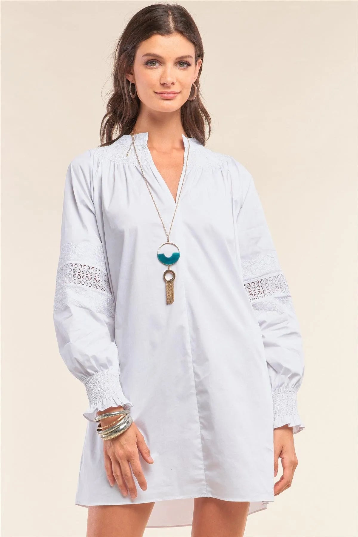 White Long Balloon Sleeve Mock Neck Lace Embroidered Poplin Mini Dress /1-3-2 - Tasha Apparel Wholesale