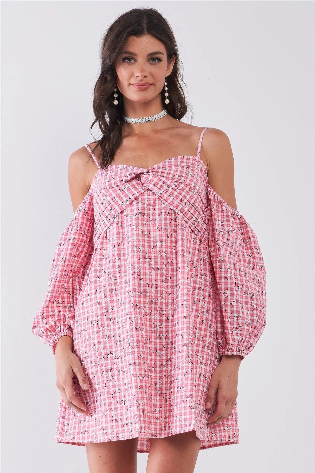 Pink & White Checkered Floral Print Off-The-Shoulder Long Balloon Sleeve Mini Dress /1-2-2-1 - Tasha Apparel Wholesale