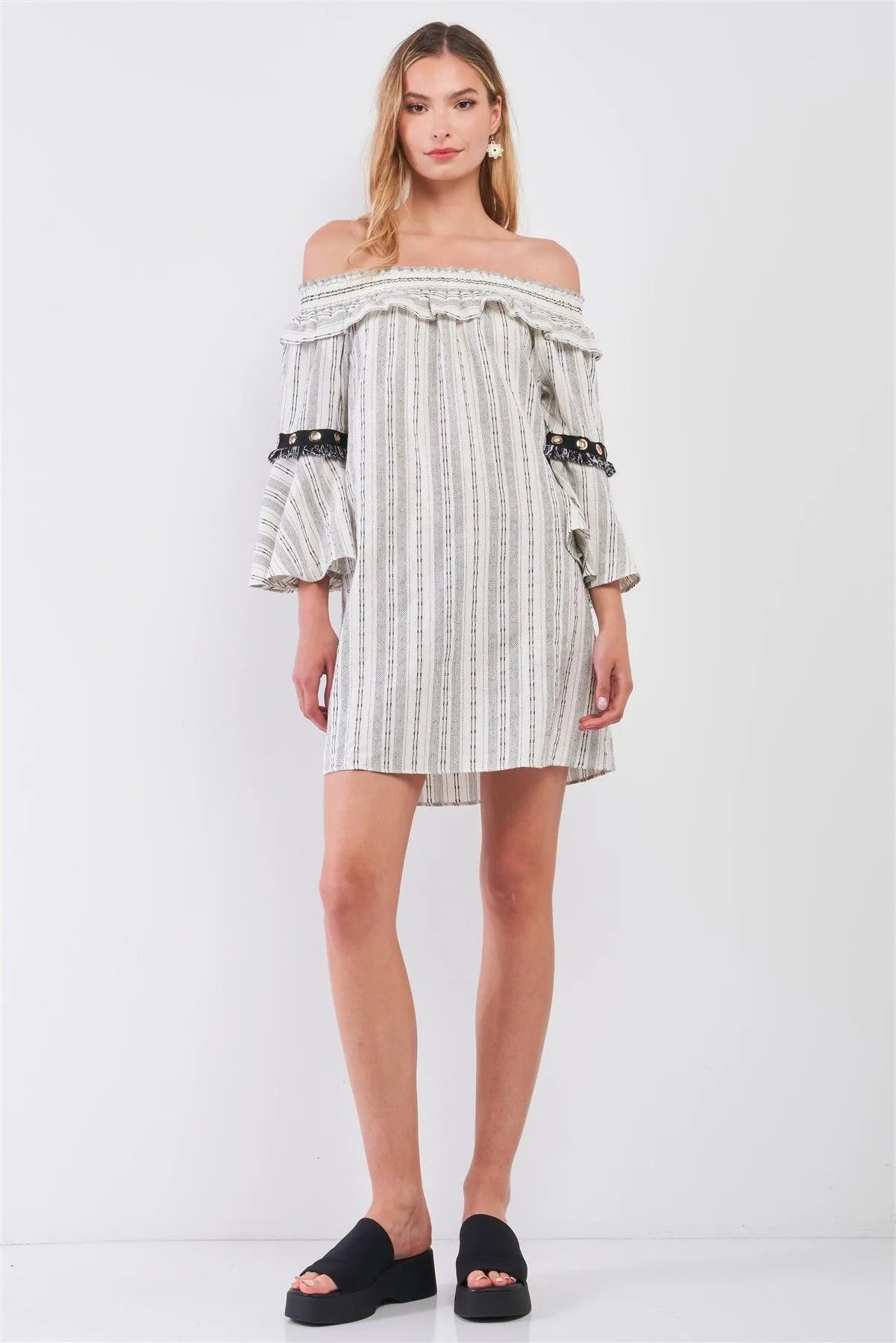 Off-White & Black Linen Striped Off-The-Shoulder 3/4 Bell Sleeve With Black Detail Mini Dress /1-2-2-1 - Tasha Apparel Wholesale