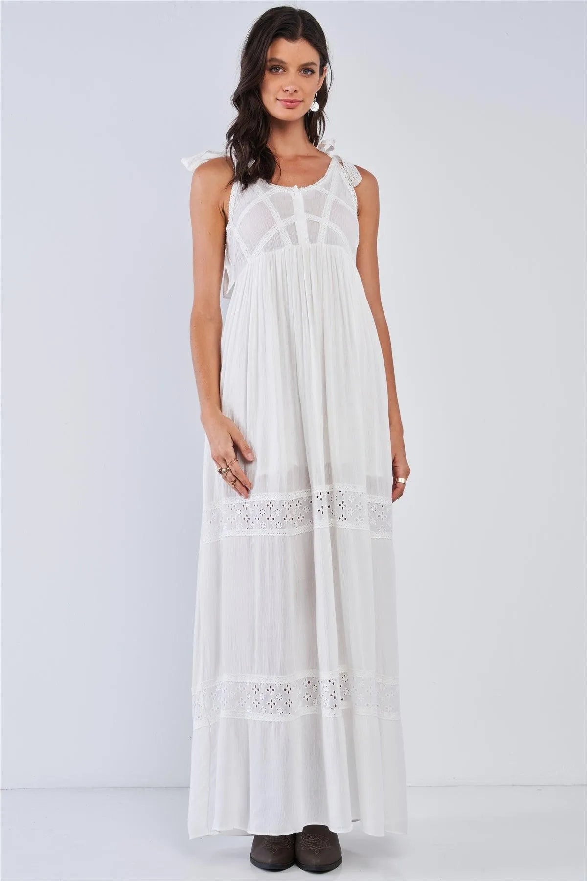 White Boho Eyelet Embroidered Sleeveless Round Neck Button Down Crochet Detail Ruffle Hem Maxi Dress /1-1-3-2 - Tasha Apparel Wholesale