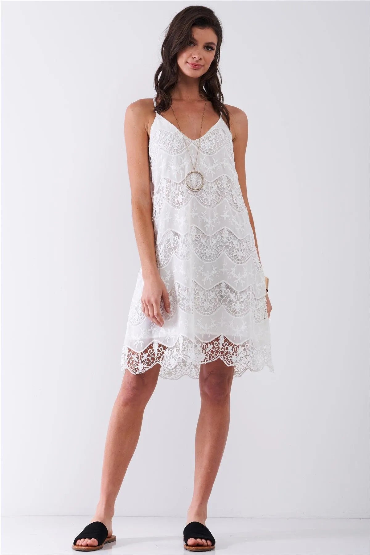 White Crochet Knit Embroidery Sleeveless V-Neck Self-Tie Multi-Cross Back Detail Babydoll Mini Dress /1-2-2-1 - Tasha Apparel Wholesale