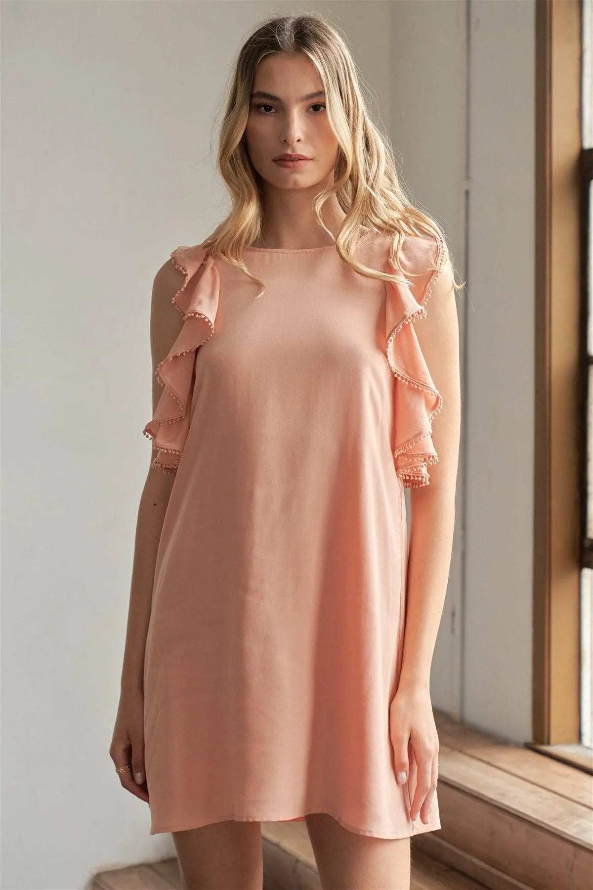 Light Peach Ruffle Sleeveless Crew Neck Loose Fit Mini Dress / 1-2-1 - Tasha Apparel Wholesale