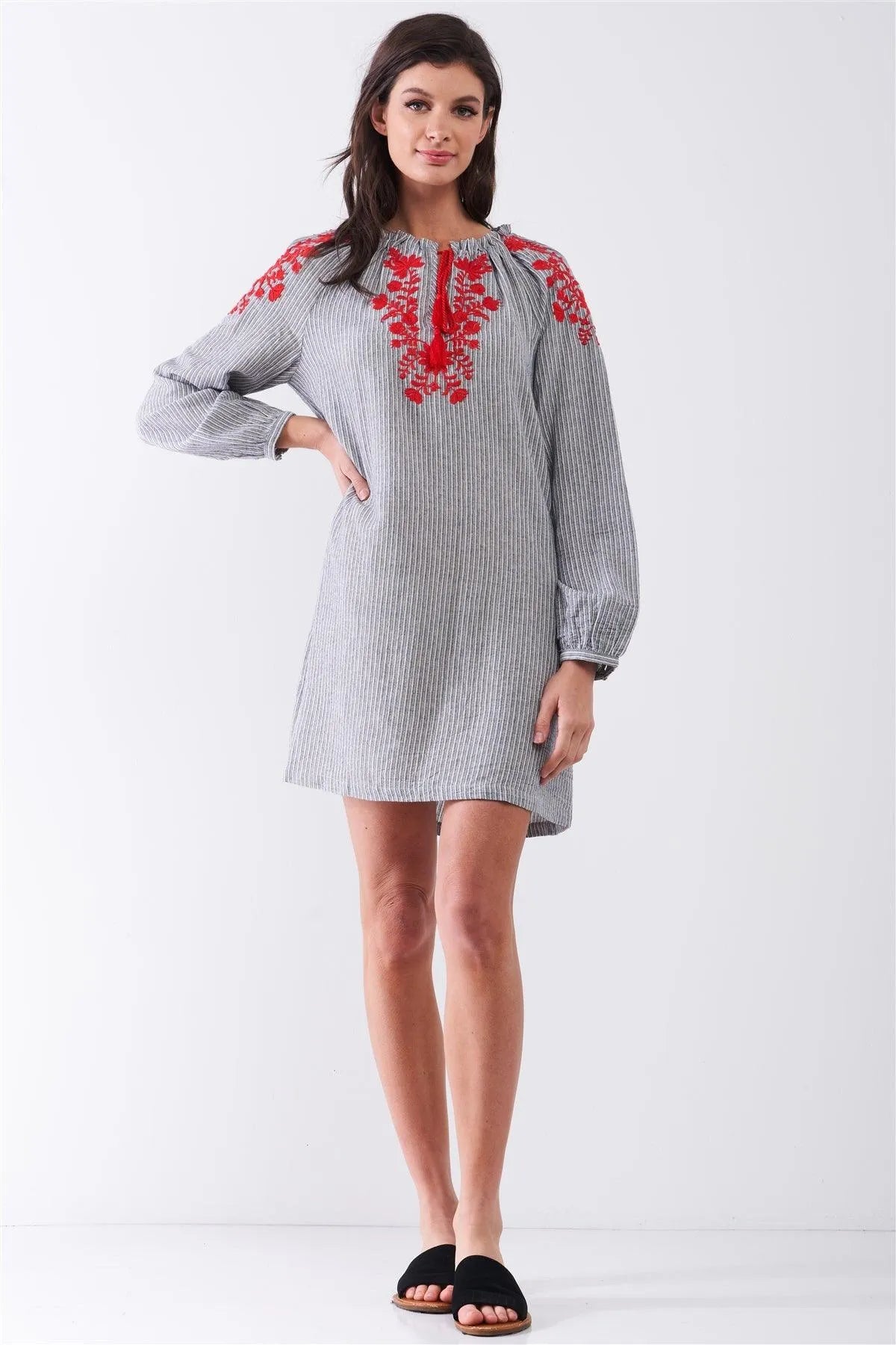 Grey Striped Long Balloon Sleeve Slavic Pattern Embroidery Relaxed Mini Dress /1-2-2-1 - Tasha Apparel Wholesale