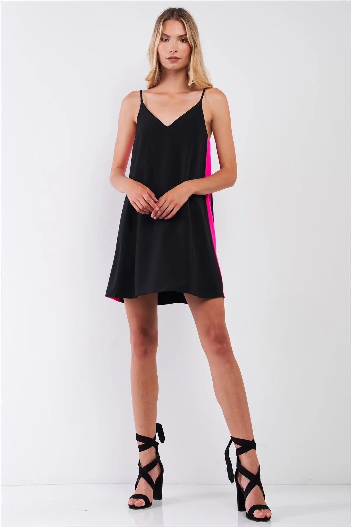 Black & Pink Sleeveless V-Neck Side Stripe Detail Relaxed Mini Dress /1-2-2-1 - Tasha Apparel Wholesale