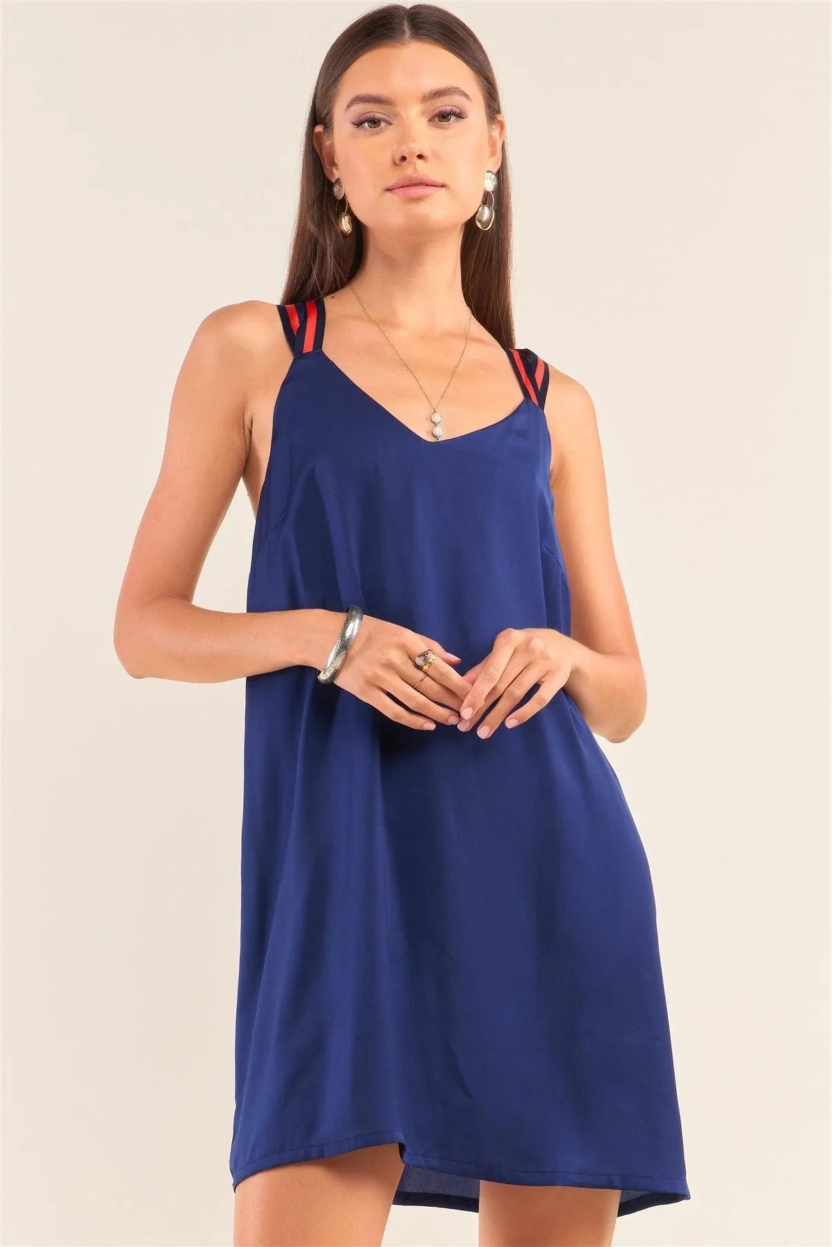 Deep Blue Satin Sleeveless V-Neck Razor Back Relaxed Fit Mini Dress /3-1-2 - Tasha Apparel Wholesale