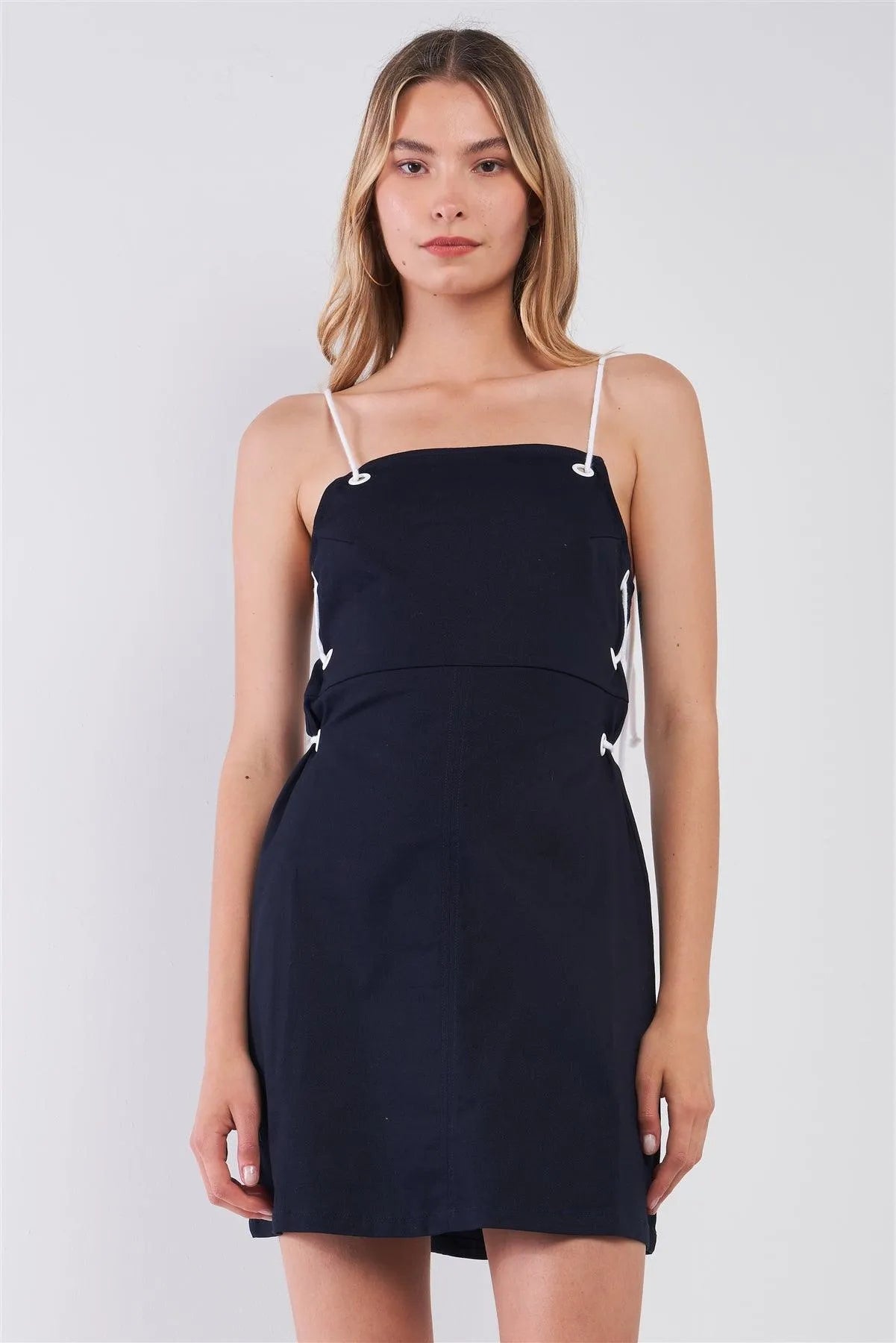 Navy & White Lace-Up Straps Sleeveless Square Neck Fitted Mini Dress /2-2-2-1 - Tasha Apparel Wholesale
