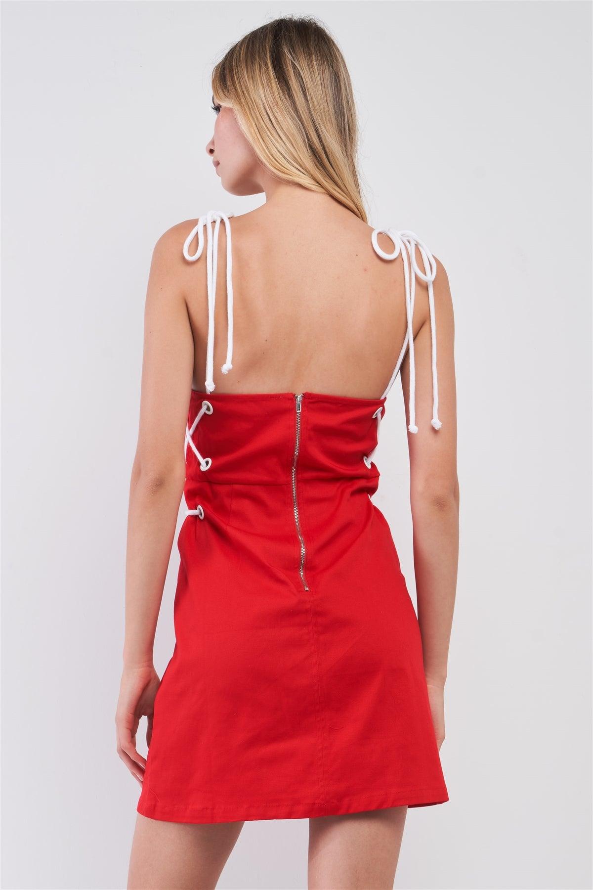 Red & White Lace-Up Straps Sleeveless Square Neck Fitted Mini Dress