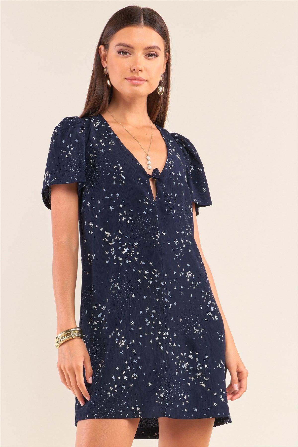 Make A Wish Navy Blue Star Print Loose Fit Self-Tie Front And Back Deep Plunge V-Neck Mini Dress