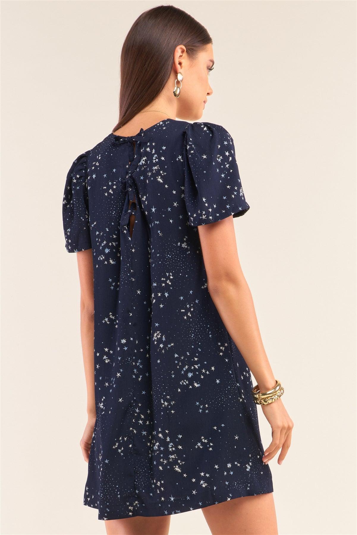 Make A Wish Navy Blue Star Print Loose Fit Self-Tie Front And Back Deep Plunge V-Neck Mini Dress