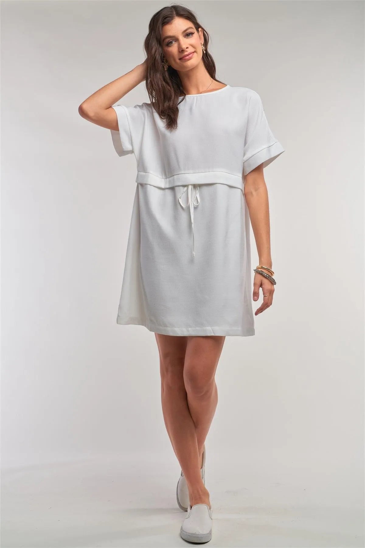 Off-White Short Sleeve Relaxed Fit Draw String Tie Waist Detail Mini Dress /1-2-2-1 - Tasha Apparel Wholesale