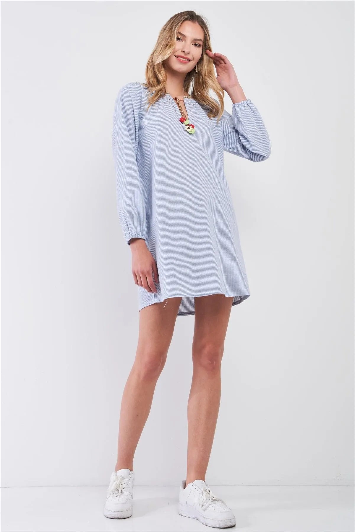 Blue Striped Multicolor Stitch Trim Knitted Detail Long Balloon Sleeve Shirt Mini Dress /1-2-2-1 - Tasha Apparel Wholesale