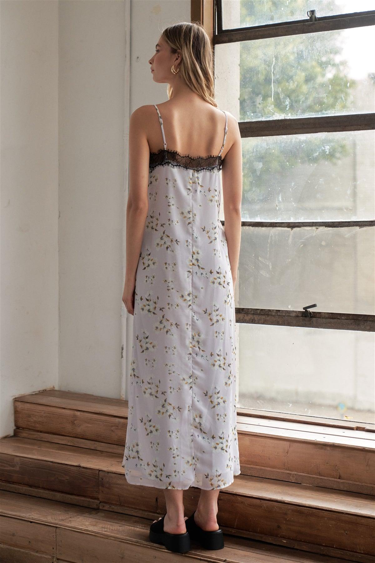 Lilac Multi Floral Print Sleeveless Lace Trim Slip Maxi Dress