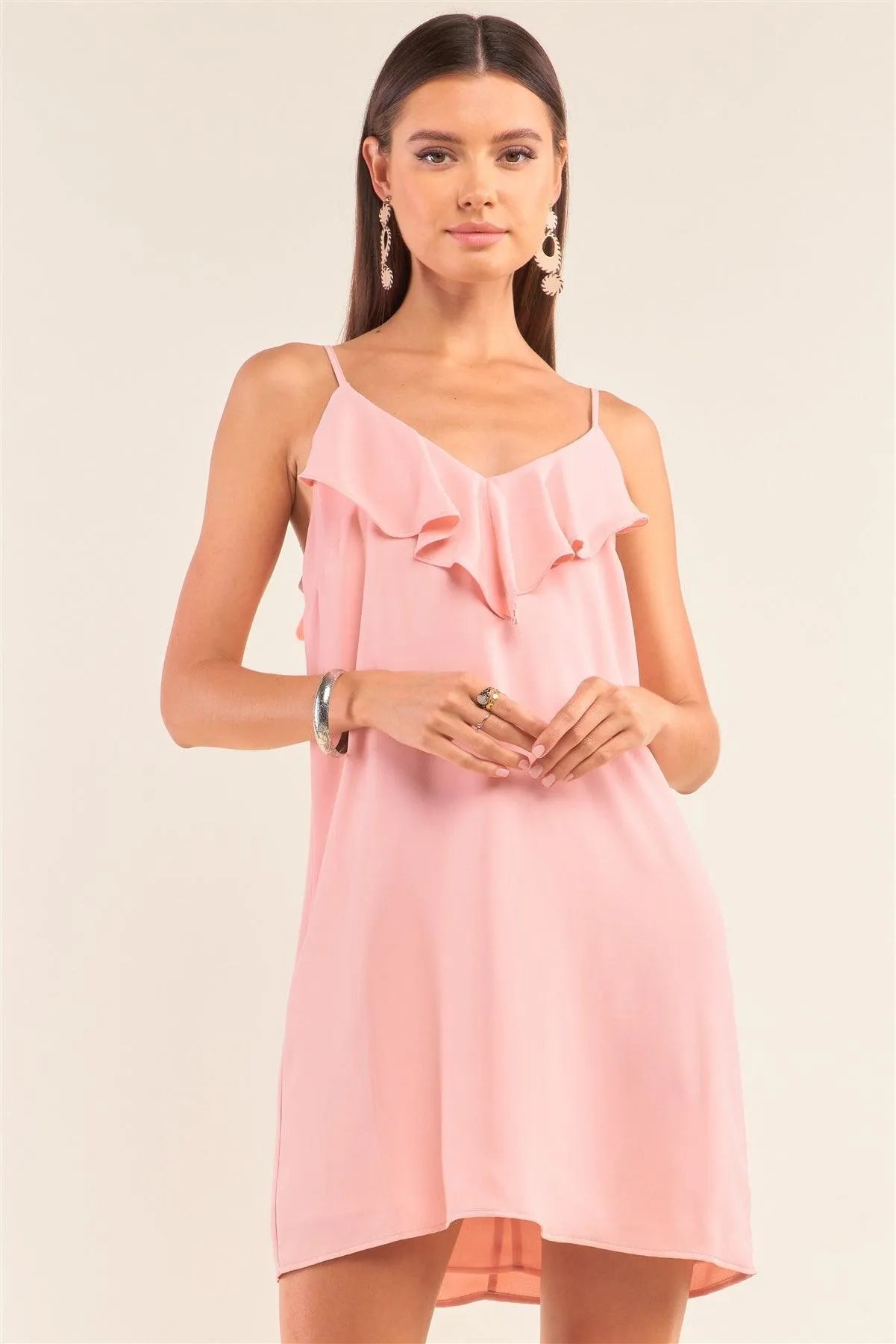 Peach Sleeveless Relaxed Fit Ruffle V-Neck Corset Inspired Lace-Up Back Detail Mini Dress /1-1-2-1 - Tasha Apparel Wholesale