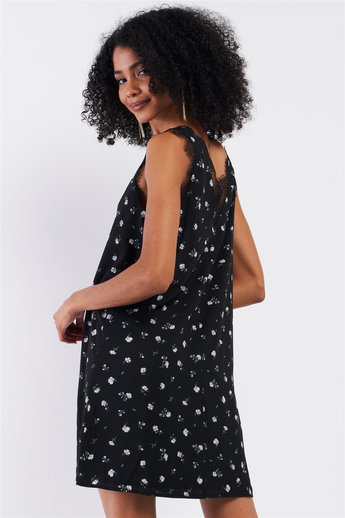 Black Multi Floral Print Sleeveless Lace Trim Mini Shift Dress