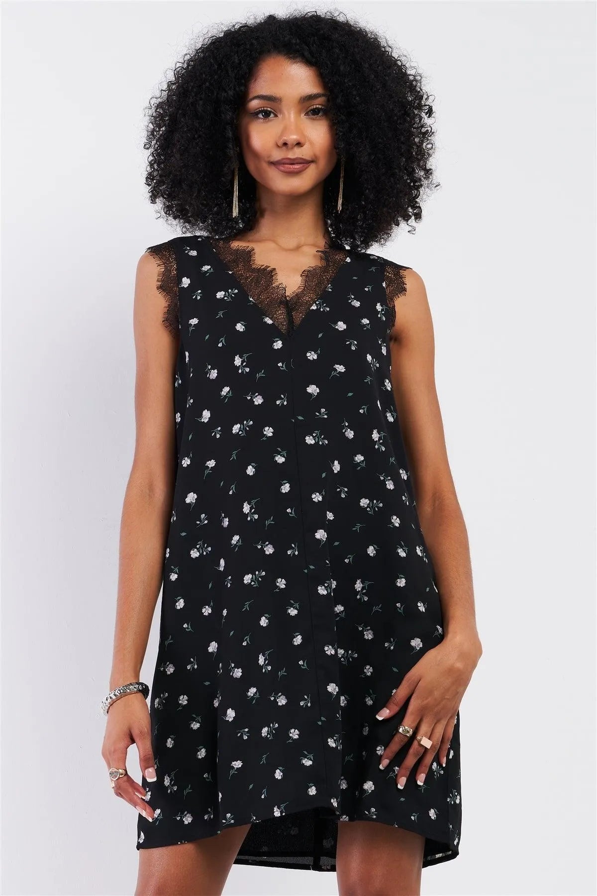 Black Multi Floral Print Sleeveless Lace Trim Mini Shift Dress /1-2-1-2 - Tasha Apparel Wholesale