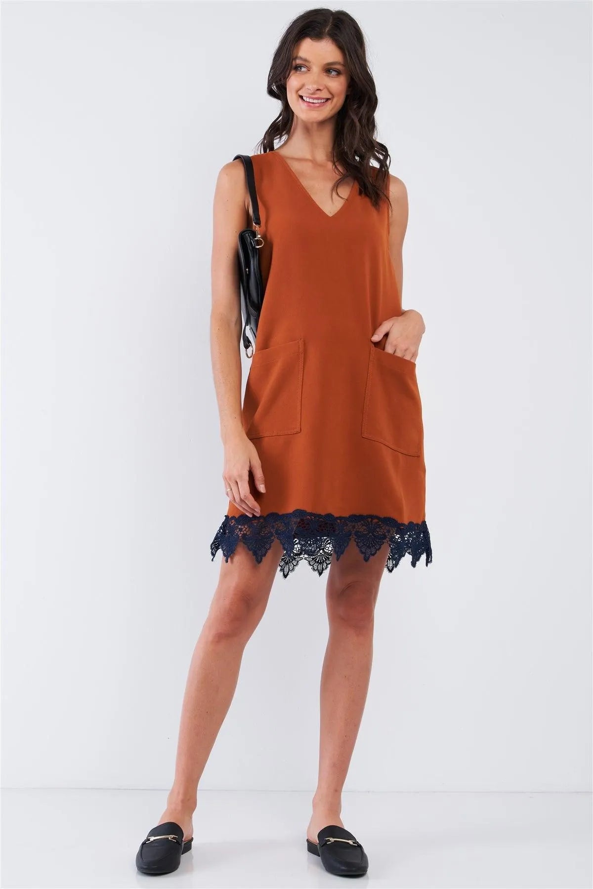 Light Brown Blue Crochet Bottom Hem Sleeveless Deep Plunge V-Neck Loose Fit Mini Dress /1-3-3 - Tasha Apparel Wholesale