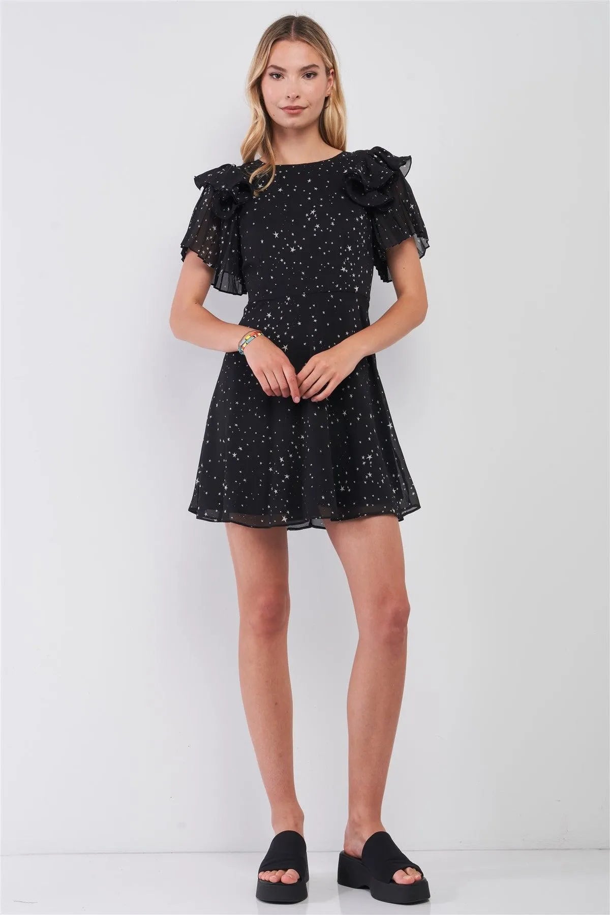 Your Lucky Star Black & White Starry Print Ruffle & Pleat Short Sleeve Flare Mini Dress /1-2-2-1 - Tasha Apparel Wholesale
