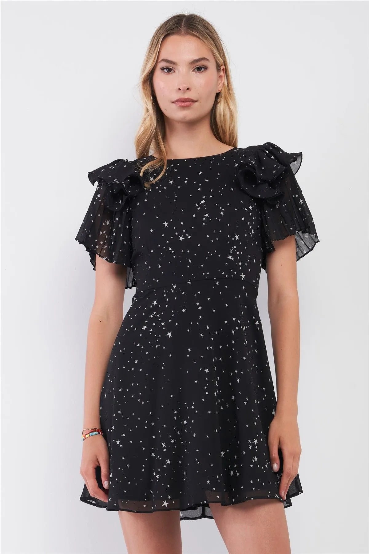 Your Lucky Star Black & White Starry Print Ruffle & Pleat Short Sleeve Flare Mini Dress /2-3-2 - Tasha Apparel Wholesale