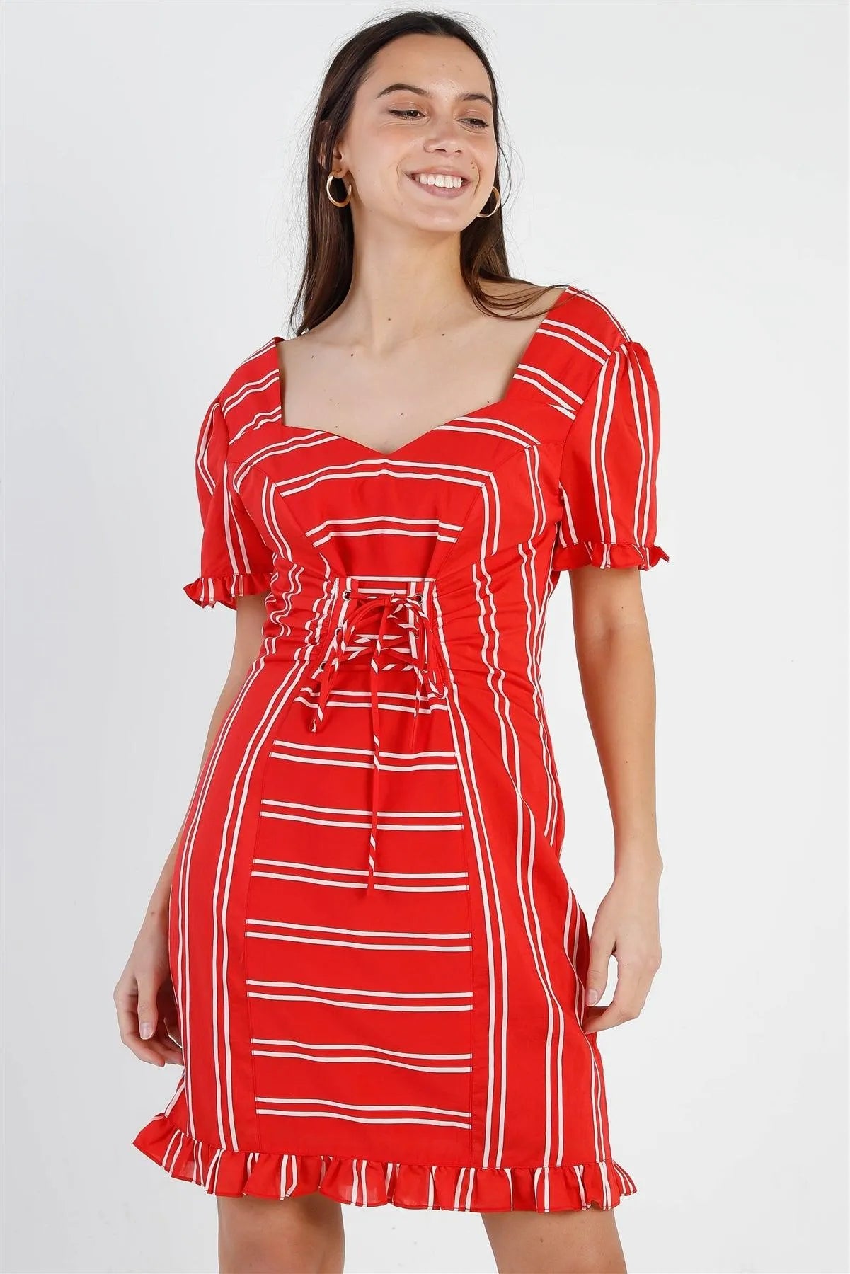 Red Stripe Lace Up Front Detail Ruffle Trim Balloon Sleeve Dress /1-3-2 - Tasha Apparel Wholesale