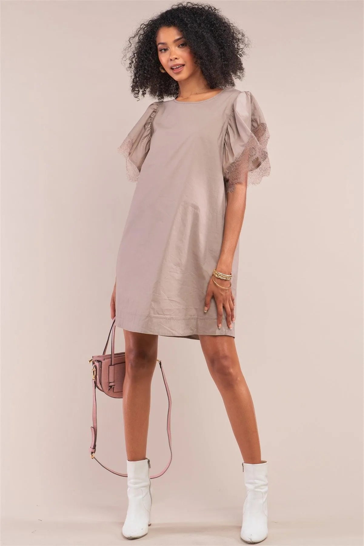 Taupe Relax Fit Lace Hem Wing Sleeve Round Neck Mini Dress/1-2-2-1 - Tasha Apparel Wholesale