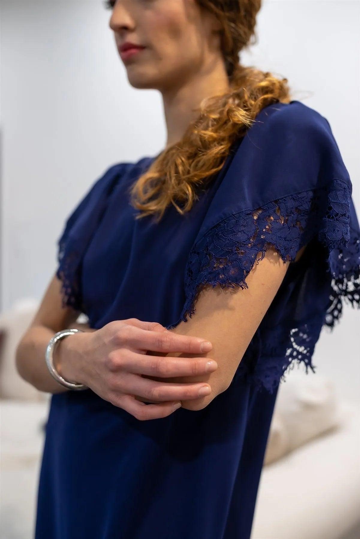 Navy Relax Fit Lace Hem Wing Sleeve Round Neck Mini Dress /1-2-3 - Tasha Apparel Wholesale