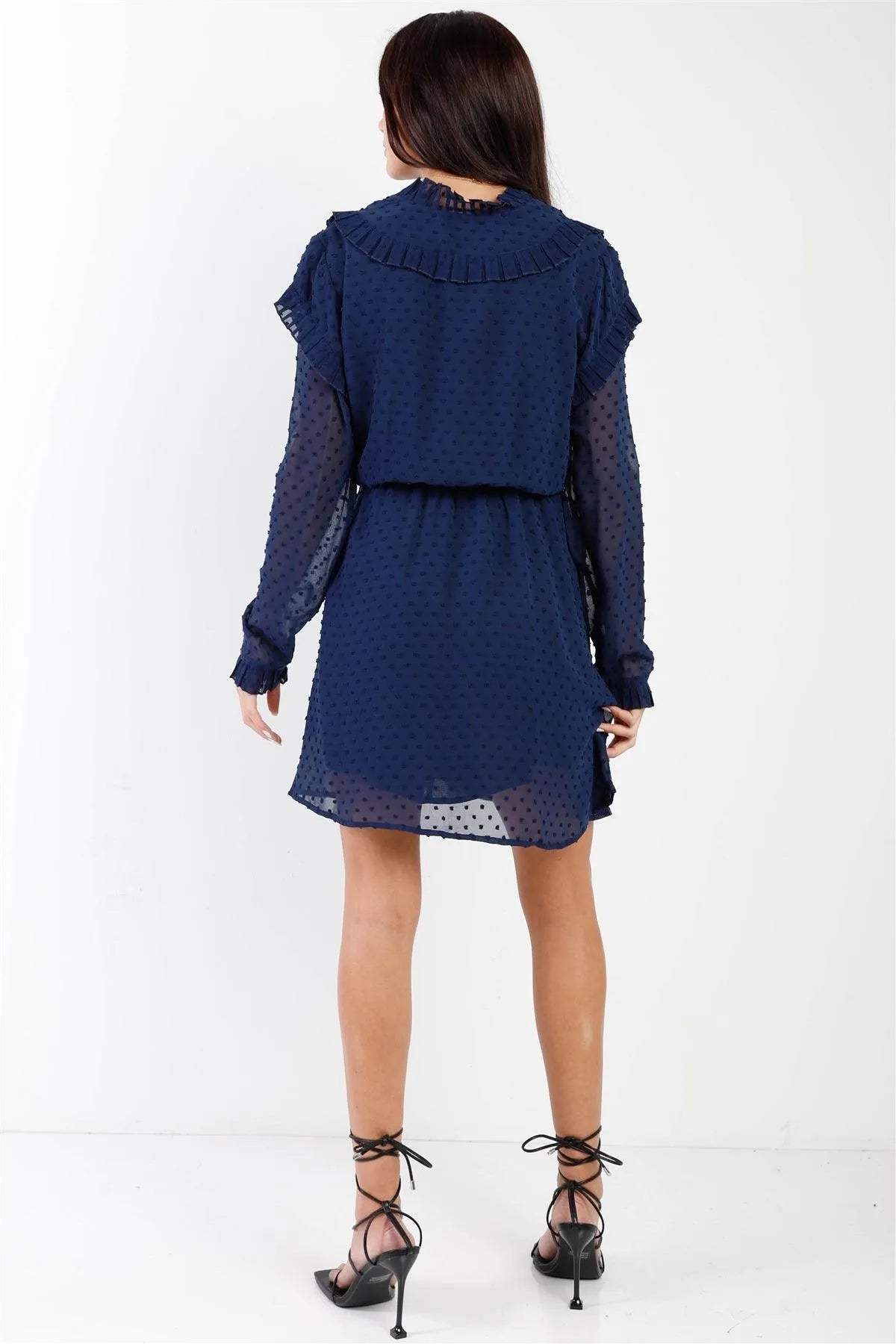 Navy Polka Dot Mesh V-Neck Ruffle Mini Dress /1-2-2-1 - Tasha Apparel Wholesale